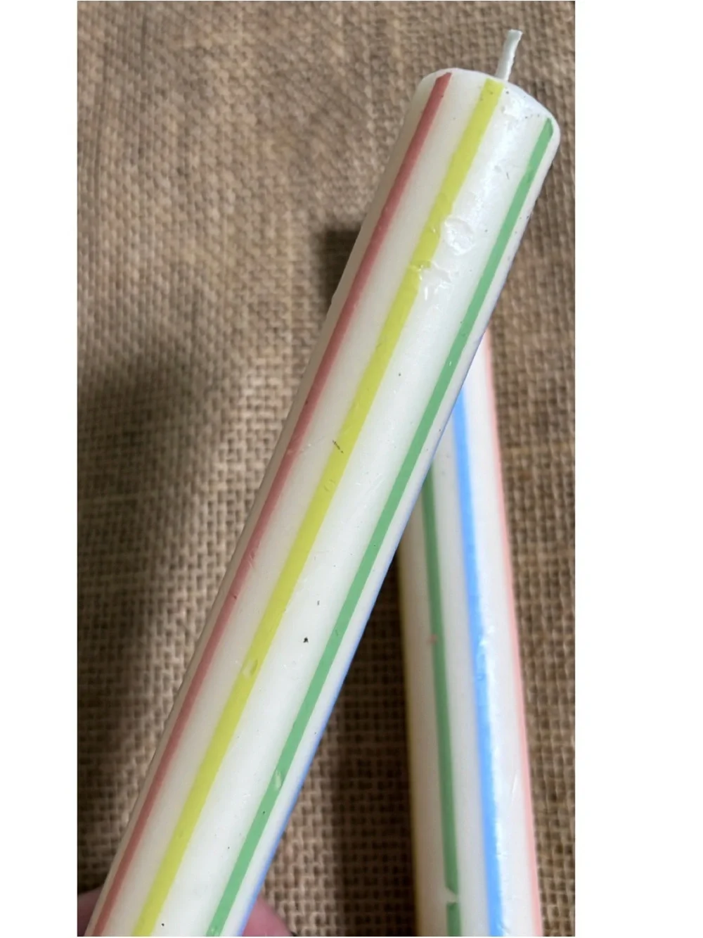 Set Of Two Pastel Striped Wax Taper Candles Cute Twee Retro Playful Colorful Fun